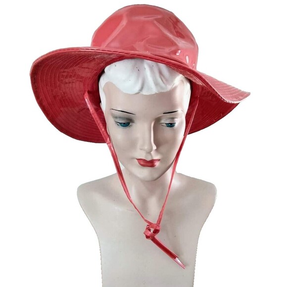 1960s Vintage Mod Red Vinyl Floppy Brim Hat - Picture 2 of 4